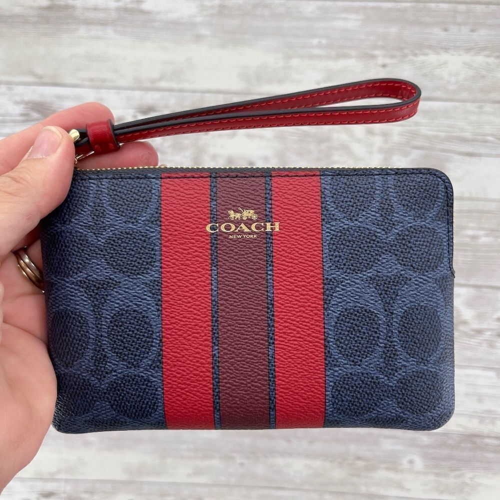 Coach Corner Zip Wristlet In Signature Canvas With Varsity Stripe Wallet Bag